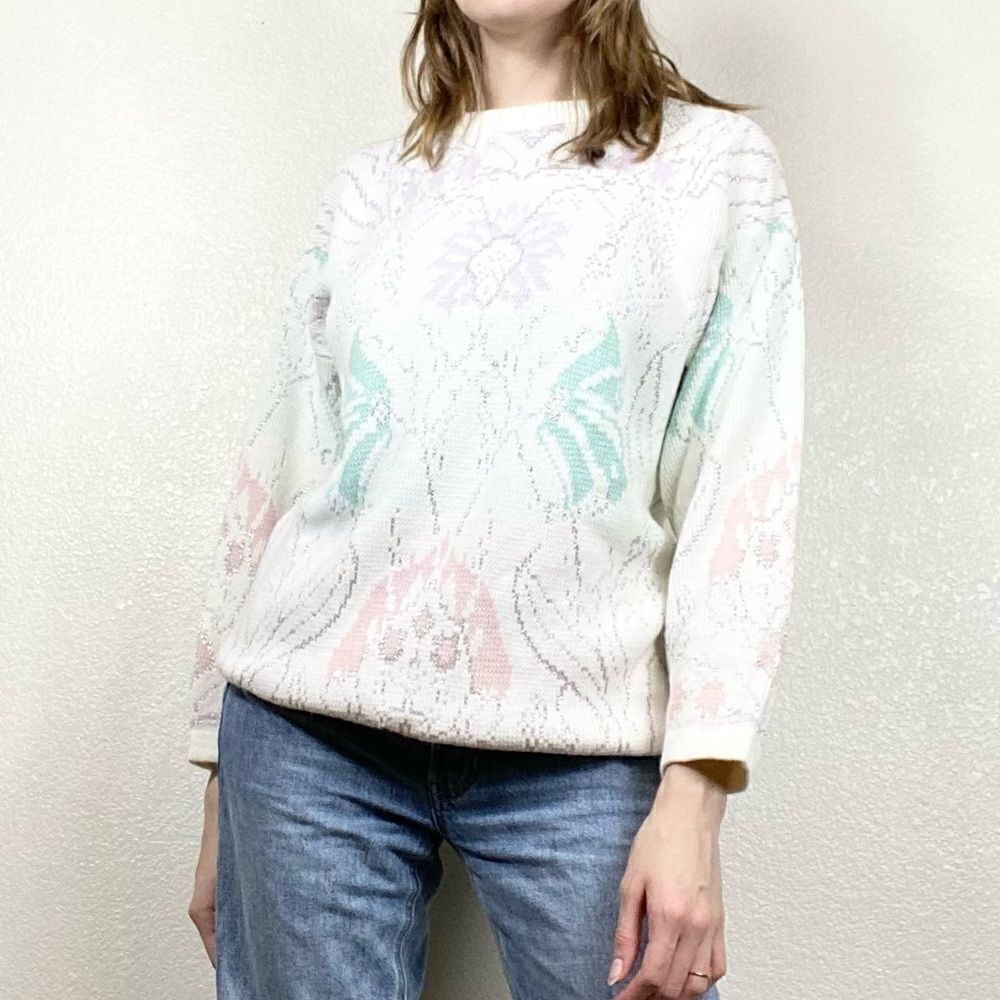 Vintage White & Pastel Floral Knit Sweater